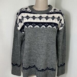 LOFT Fair Isle Wool Blend Sweater Gray White Knit Crew‎ Neck Winter Pullover M